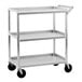 A silver metal New Age 3-shelf utility cart with wheels.