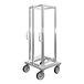 A silver metal New Age aluminum sheet pan truck with wheels.