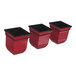 Three red square planters with black handles.