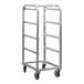 A silver metal cart with four shelves.