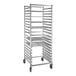 A New Age metal donut screen rack with four shelves on wheels.
