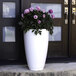 A white Mayne Caprio planter with purple flowers on a black door.