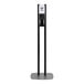 A black and white Purell hand sanitizer dispenser stand.
