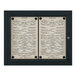A white menu in a black frame with black text.
