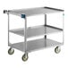 A Lakeside stainless steel utility cart with three shelves and wheels.