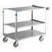 A Lakeside stainless steel utility cart with three shelves.