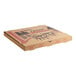 A Kraft corrugated pizza box with a drawing of a pizza on it.