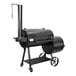 A black barbecue grill with a black barrel and a large metal tray.