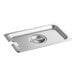 A stainless steel slotted lid on a 1/4 size steam table pan.
