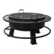 A round black metal Old Country BBQ Pits fire pit with metal grill.