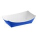 A blue and white paper food tray with a white background.