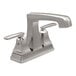 A Delta stainless steel deck-mount lavatory faucet with metal handles.