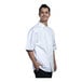 A man wearing a white Uncommon Chef Venice short sleeve chef coat with white mesh back.