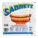 A package of Sabrett skinless spicy beef sausages with yellow and red text on a white background.