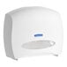 A white plastic Kimberly-Clark Professional jumbo roll toilet paper dispenser with a white background.