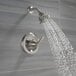 A Delta stainless steel T-series shower valve and trim kit with a shower head.