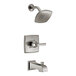 A Delta stainless steel bath and shower trim kit with shower head and faucet.