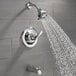 A Delta chrome bath and shower trim kit with a shower head.