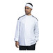 A person wearing a Uncommon Chef white and black long sleeve chef coat with a mesh back.