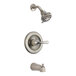 A Delta stainless steel bath and shower faucet with a handle and shower head.