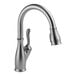 A Delta kitchen faucet with a silver gooseneck spout and lever handle.