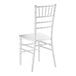 A white wooden Chiavari chair with a slatted back and decorative spindle detailing.
