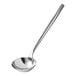 A silver ladle with a long handle.