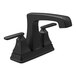 A Delta deck-mount black lavatory faucet with two lever handles.