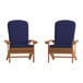 Two Flash Furniture teak Adirondack chairs with blue cushions.