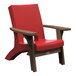 A red Mayne Mesa patio chair with wooden legs.