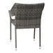 A gray synthetic rattan wicker arm chair with a white frame.