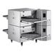 A white Cooking Performance Group double stacked countertop impinger conveyor oven with a drawer.