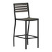 A black stackable barstool with a faux teak seat.