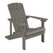 A gray wooden Adirondack chair with armrests.