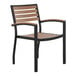 A stackable arm chair with a black frame and wood slat seat.