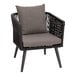 A black wicker outdoor chair with a grey cushion.