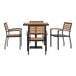 A Flash Furniture outdoor dining set with a natural faux teak table and black stackable arm chairs with wood slat seats.