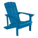 A blue wooden Adirondack chair with armrests.