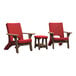 A group of three red Mayne Mesa chairs with a table and red cushions.