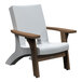 A white Mayne Mesa patio chair with wooden armrests and legs.