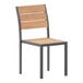 A Flash Furniture stackable outdoor chair with a wood slat back and black frame.