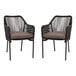 A pair of Flash Furniture black synthetic wicker arm chairs with gray cushions.