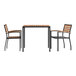 A Flash Furniture natural faux teak table with black trim and two chairs with a wood backrest.