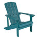 A seafoam blue wooden Adirondack chair with armrests.