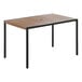 A rectangular table with a natural faux teak slat top and black metal legs.