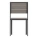 A gray outdoor side chair with a faux teak slat backrest.