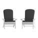 Two white Adirondack chairs with gray cushions.