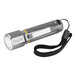 A silver Energizer handheld flashlight with a black strap.