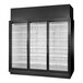 A black True glass door merchandiser freezer with LED lighting and three open doors.