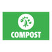 A green and white rectangle sign with white text reading "Compost" and a plant logo.